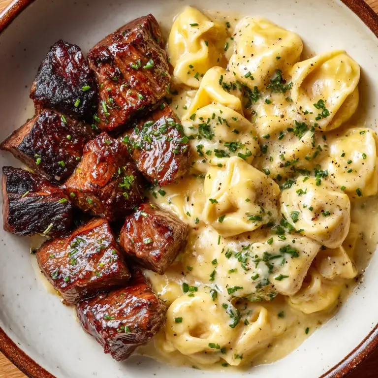 Garlic Butter Steak Bites & Creamy Alfredo Tortellini Recipe