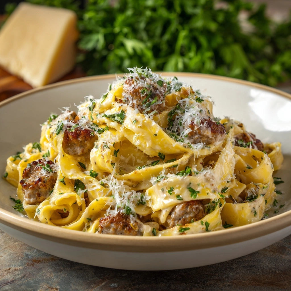 Creamy Italian Sausage Fettuccine Recipe - Recipe Image
