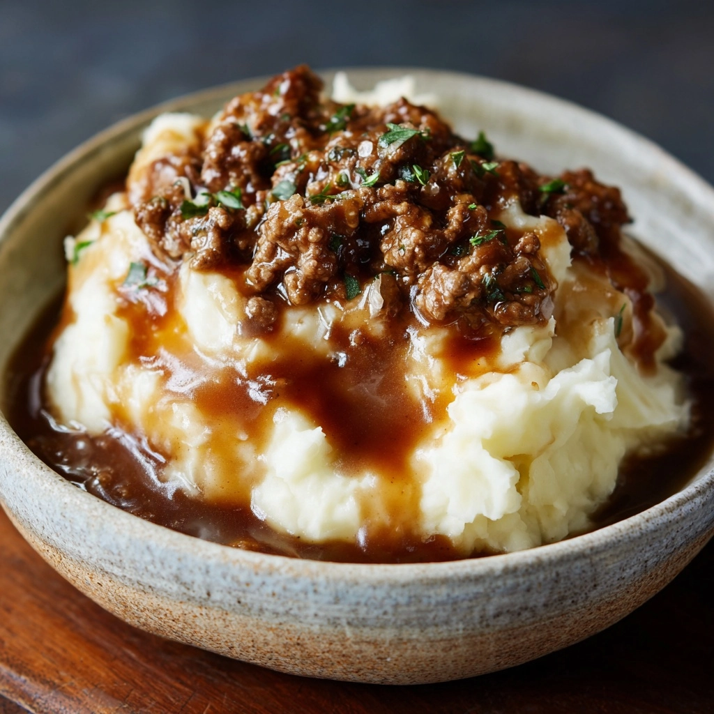 Ground Beef and Gravy Over Mashed Potatoes Recipe - Recipe Image