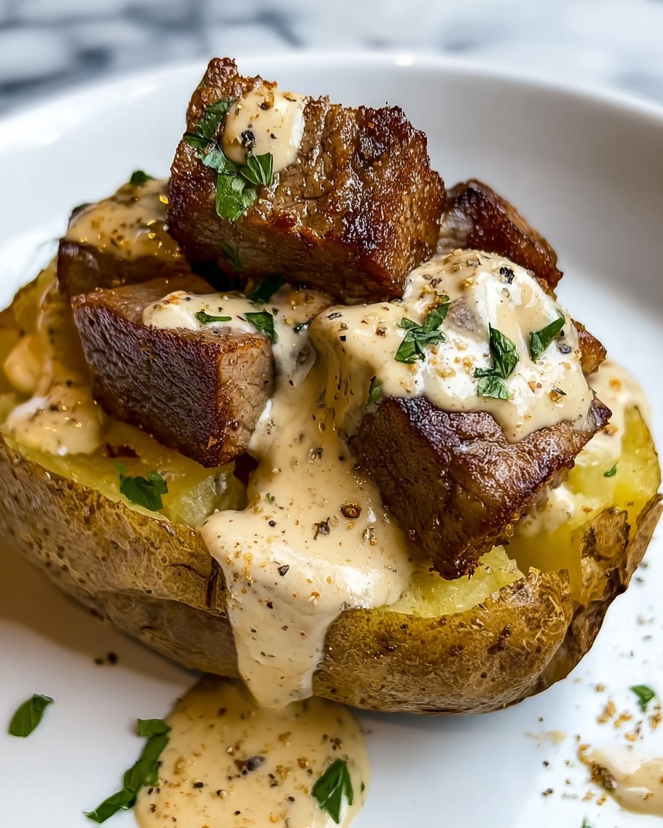 Loaded Baked Potato with Steak Bites and Parmesan Cream Sauce Recipe - Recipe Image