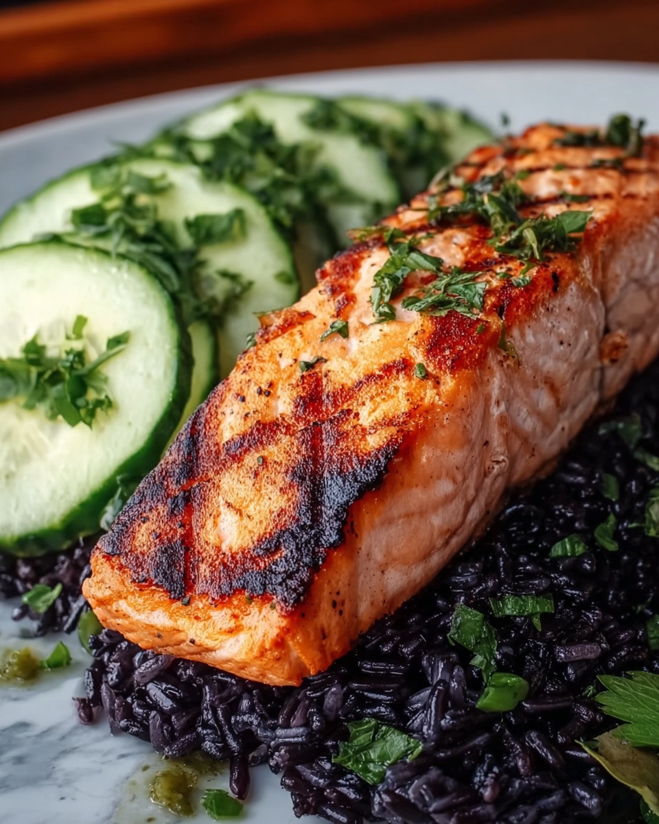 Grilled Salmon with Black Rice and Creamy Cucumber Salad Recipe - Recipe Image