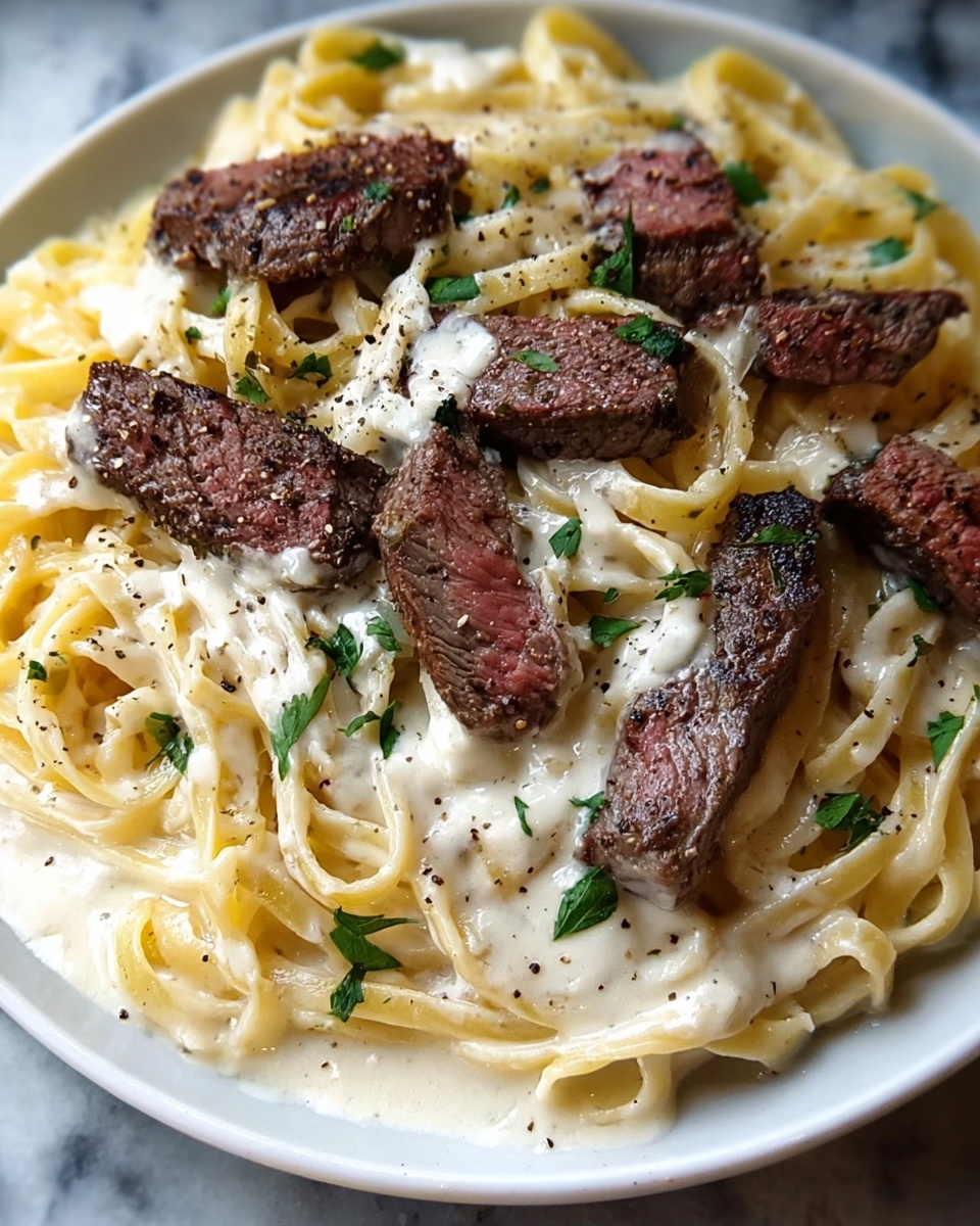 Savory Steak Gorgonzola Alfredo with Creamy Parmesan Sauce Recipe - Recipe Image