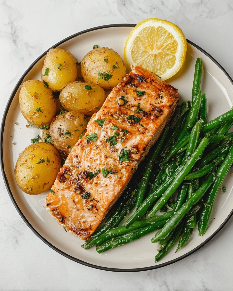 Easy Lemon Herb Salmon with Roasted Baby Potatoes and Green Beans Recipe - Recipe Image