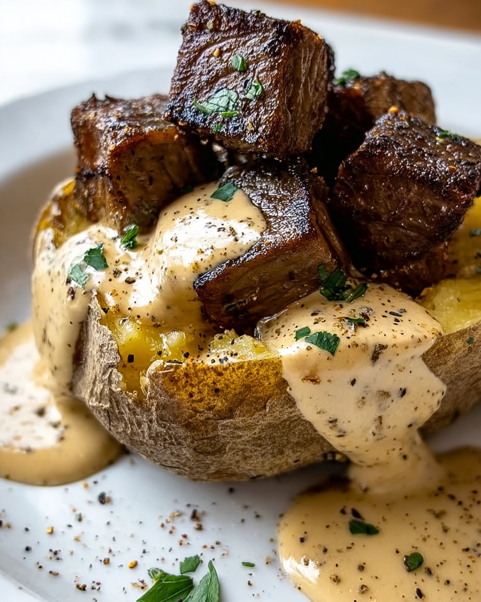 Loaded Baked Potato with Steak Bites and Parmesan Cream Sauce Recipe - Recipe Image
