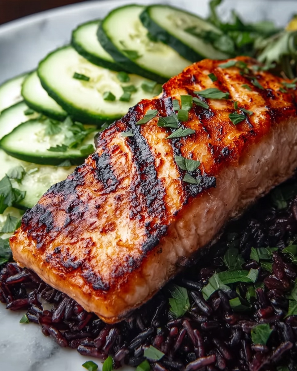 Grilled Salmon with Black Rice and Creamy Cucumber Salad Recipe - Recipe Image