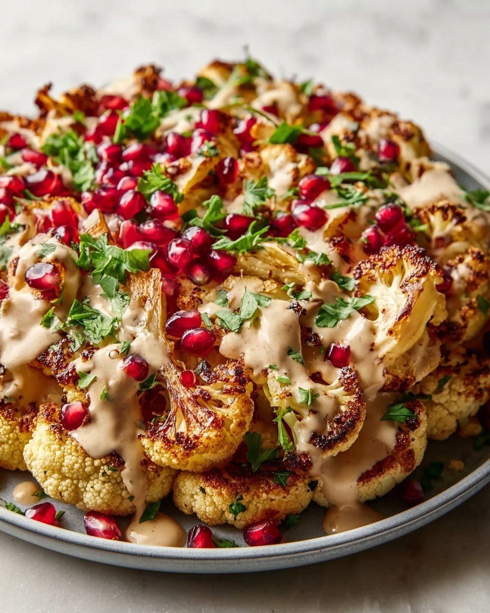 Roasted Cauliflower with Garlic Tahini Sauce and Pomegranate Recipe - Recipe Image