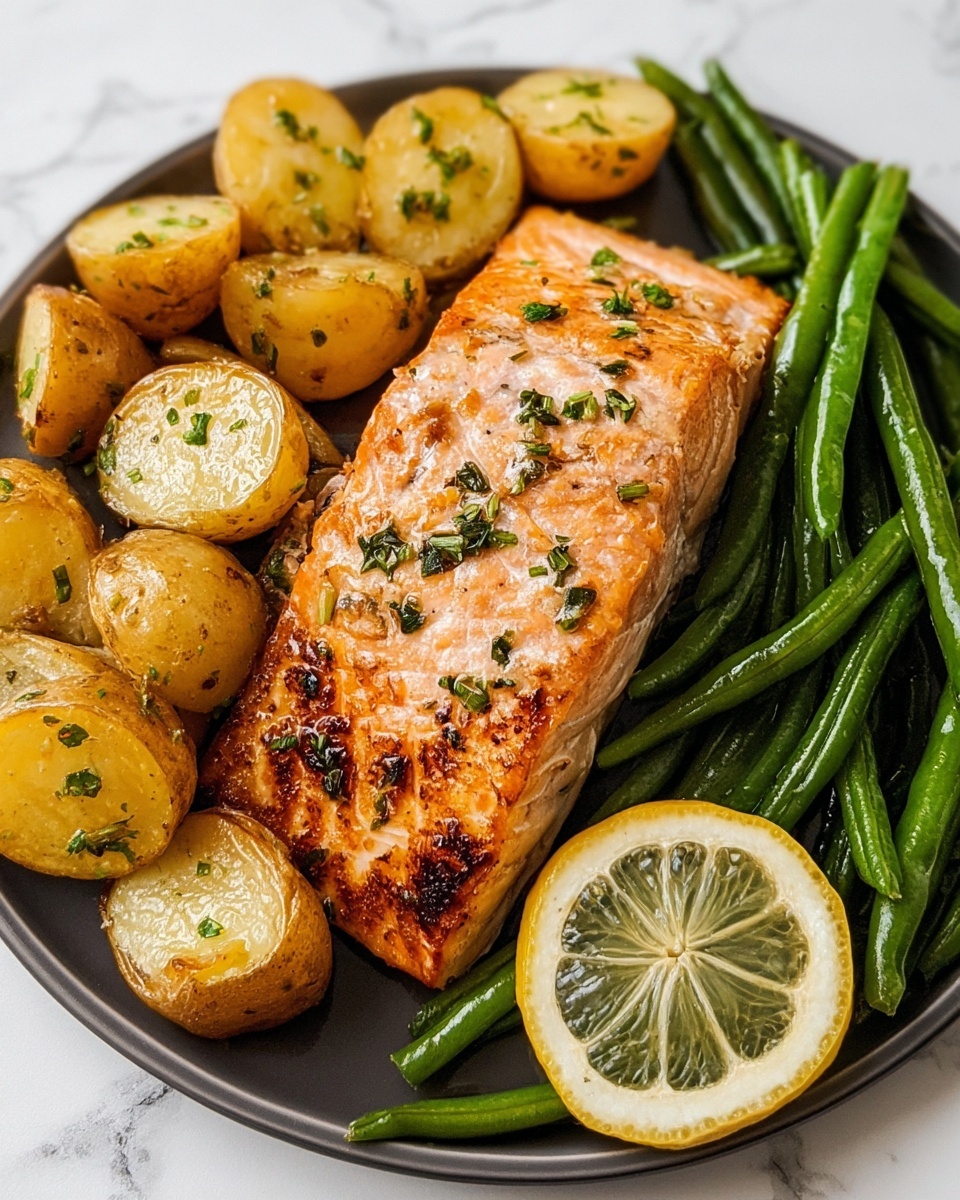 Easy Lemon Herb Salmon with Roasted Baby Potatoes and Green Beans Recipe - Recipe Image
