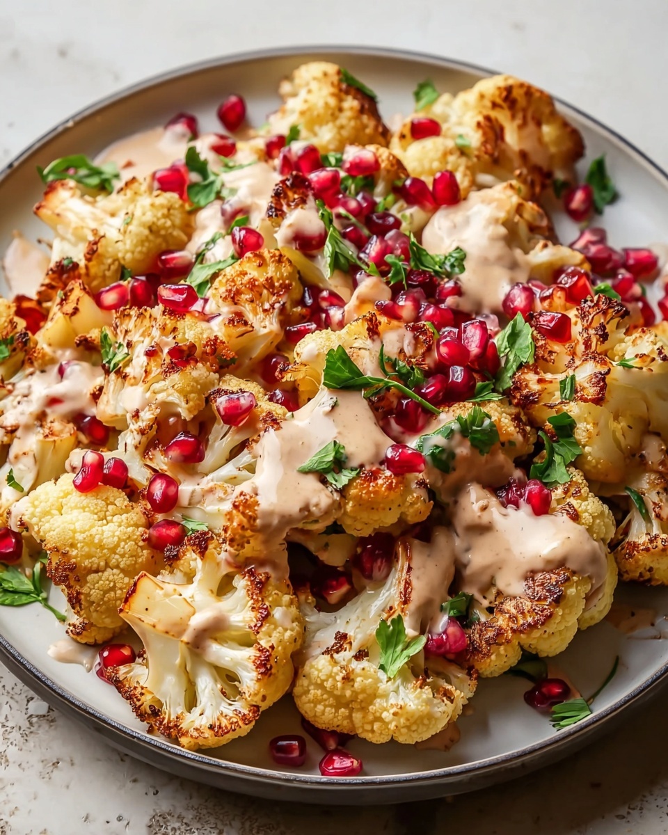 Roasted Cauliflower with Garlic Tahini Sauce and Pomegranate Recipe - Recipe Image