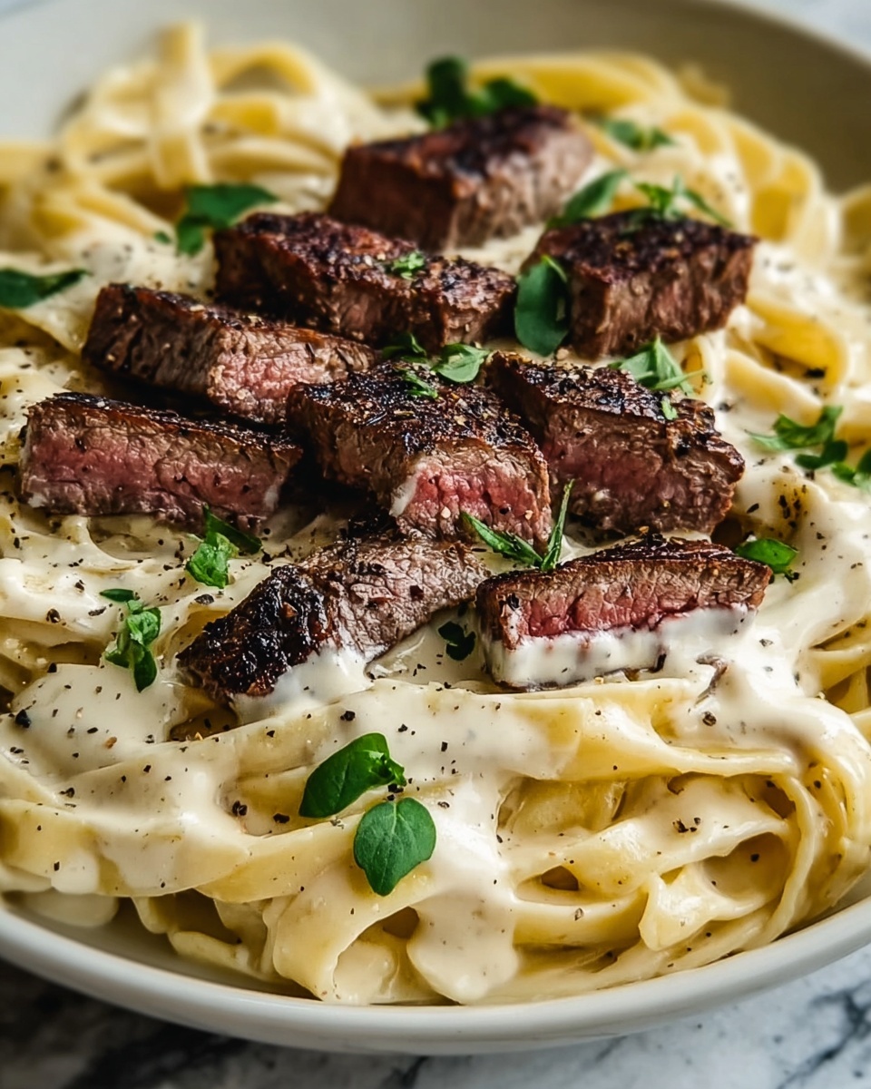 Savory Steak Gorgonzola Alfredo with Creamy Parmesan Sauce Recipe - Recipe Image