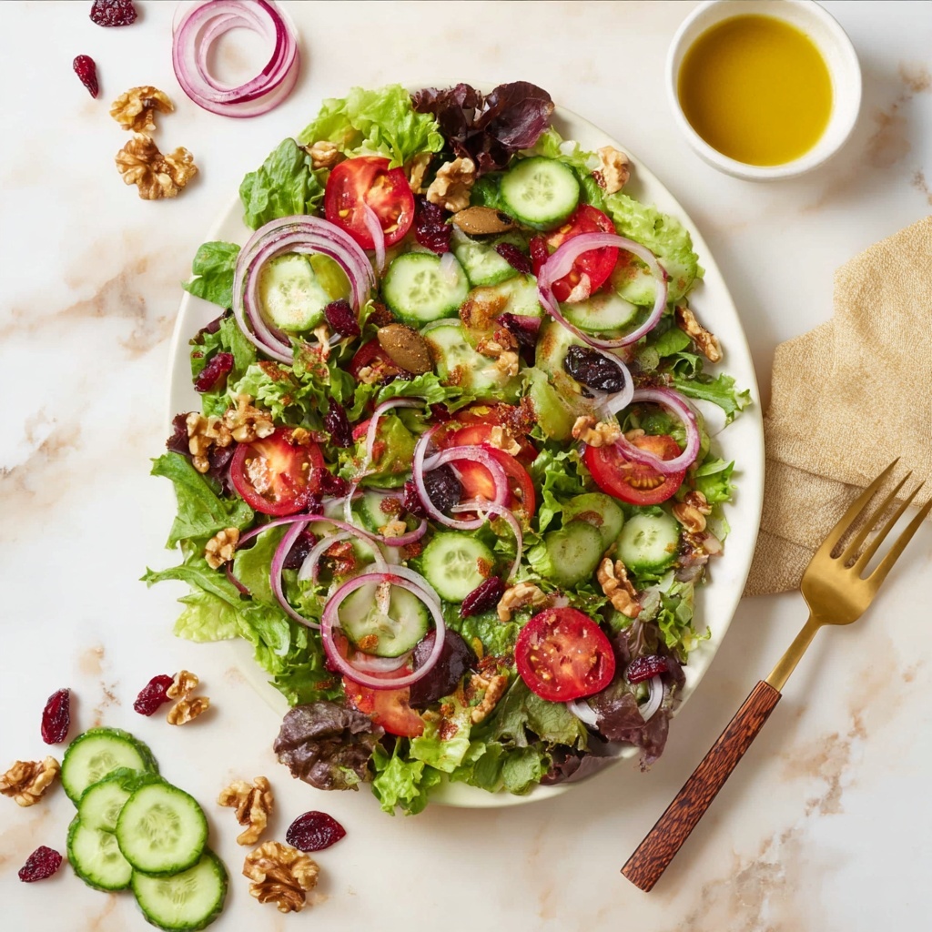 Spring Mix Salad with Tomatoes, Red Onion, Cucumber, Kalamata Olives, Walnuts, Cranberries, and Fresh Mint Recipe - Recipe Image