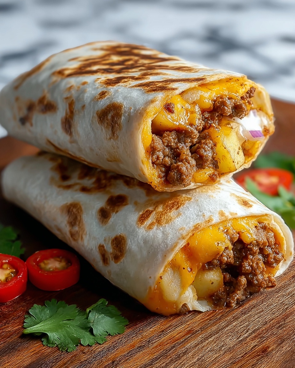 Cheesy Potato Beef Burritos Recipe - Recipe Image