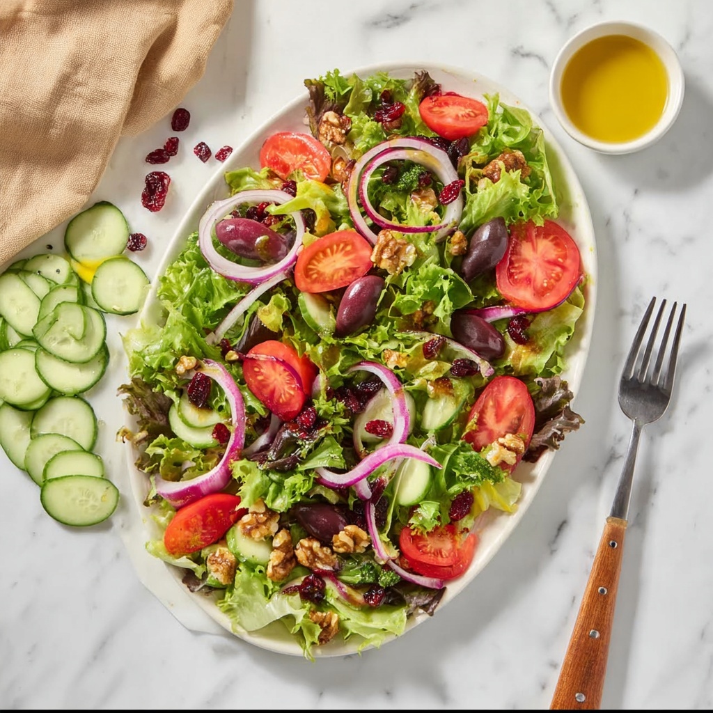 Spring Mix Salad with Tomatoes, Red Onion, Cucumber, Kalamata Olives, Walnuts, Cranberries, and Fresh Mint Recipe - Recipe Image
