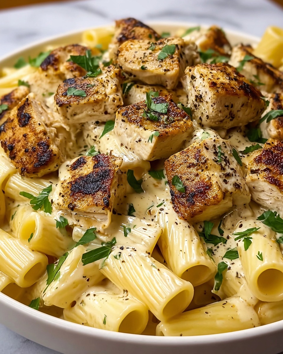 Creamy Garlic Butter Chicken and Rigatoni in Parmesan Sauce Recipe - Recipe Image