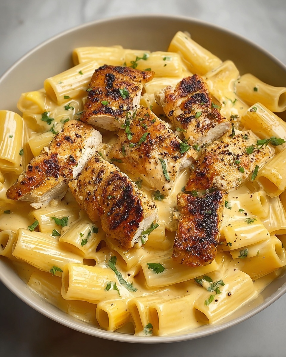 Creamy Garlic Butter Chicken and Rigatoni in Parmesan Sauce Recipe - Recipe Image