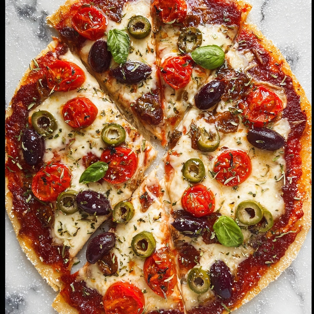 Cottage Cheese Pizza with Olives, Cherry Tomatoes, and Fresh Basil Recipe - Recipe Image