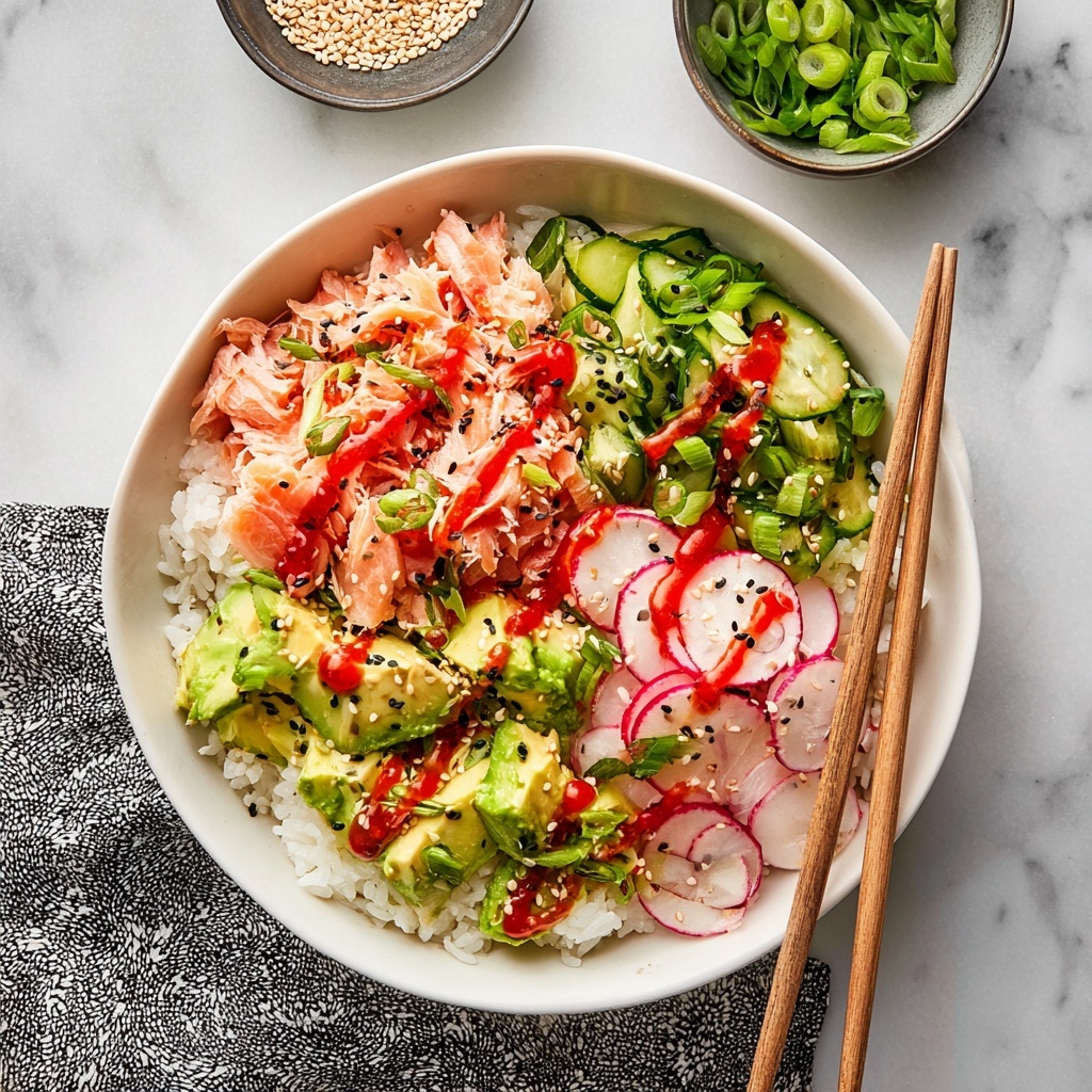 Salmon Rice Bowl with Avocado, Radishes, and Sriracha Recipe - Recipe Image