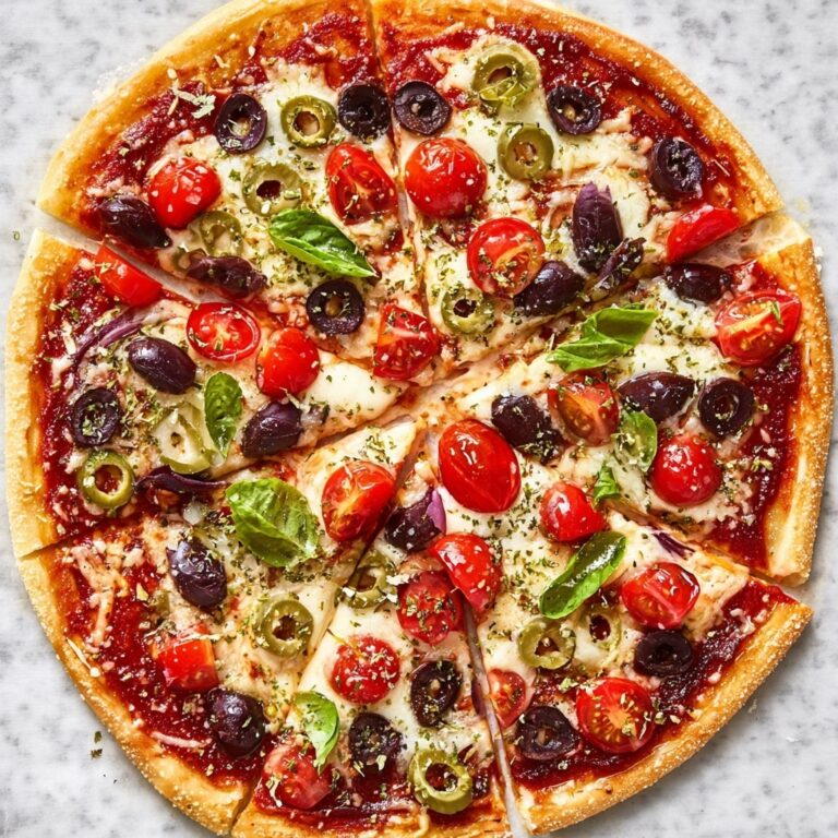Cottage Cheese Pizza with Olives, Cherry Tomatoes, and Fresh Basil Recipe