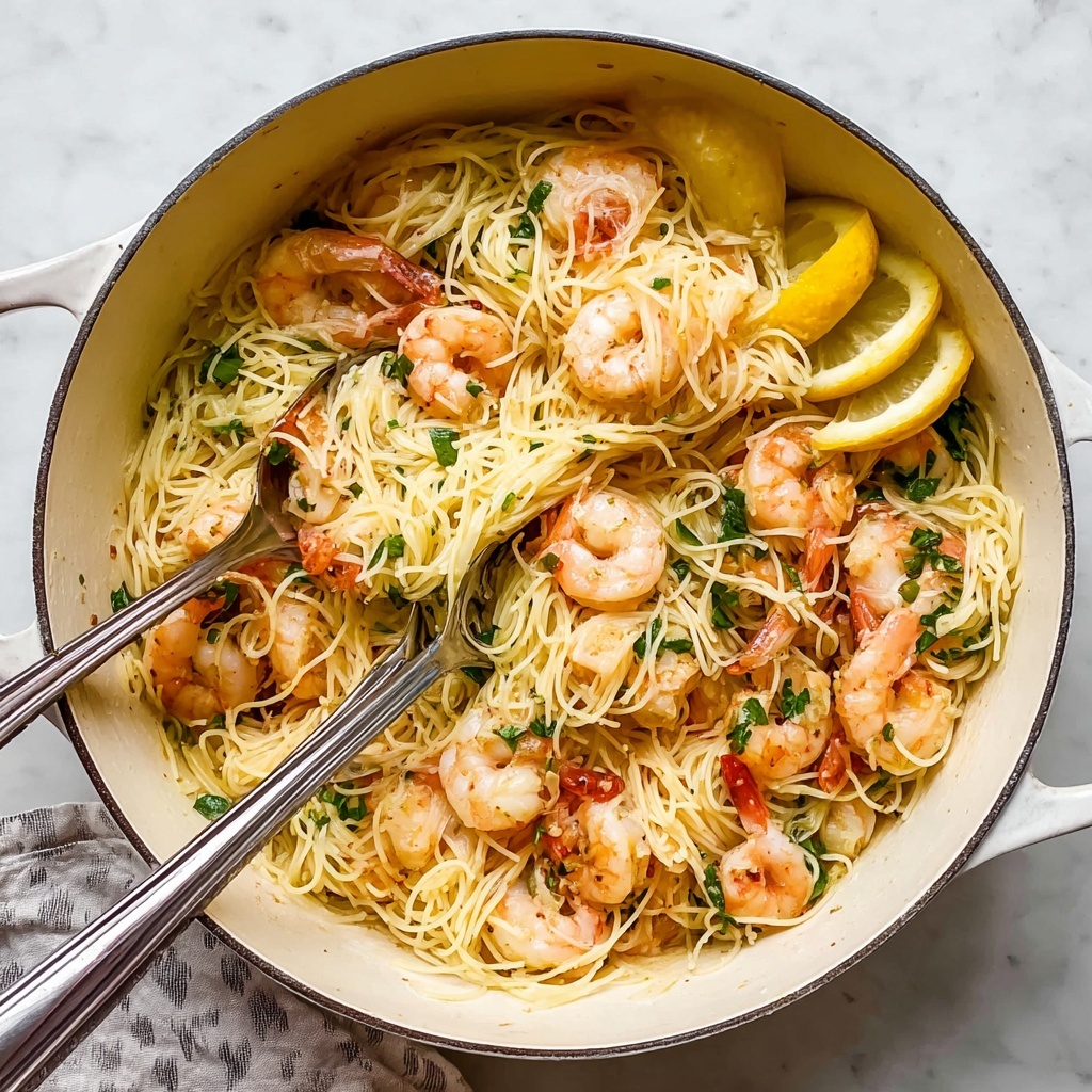 Garlicky Shrimp and Angel Hair Pasta in White Wine Lemon Sauce Recipe - Recipe Image