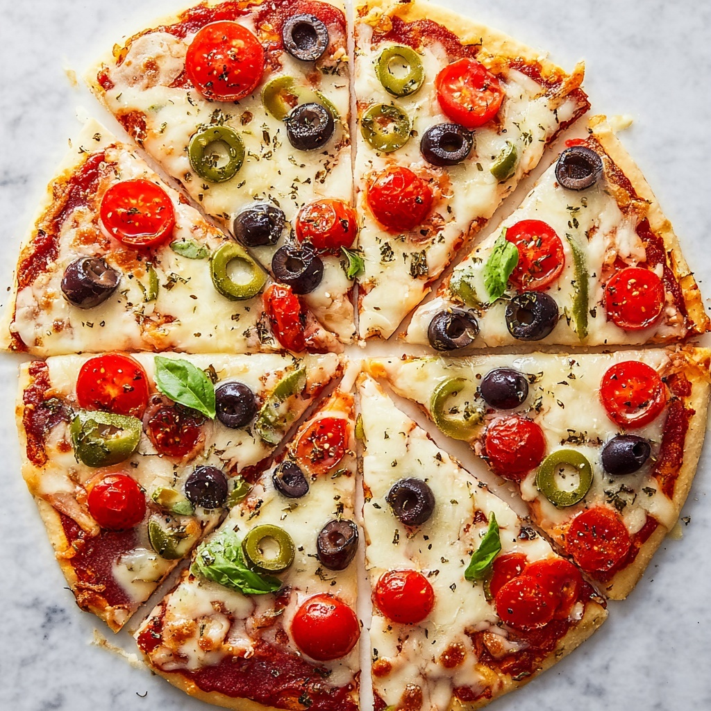 Cottage Cheese Pizza with Olives, Cherry Tomatoes, and Fresh Basil Recipe - Recipe Image