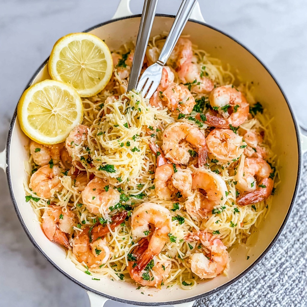 Garlicky Shrimp and Angel Hair Pasta in White Wine Lemon Sauce Recipe - Recipe Image