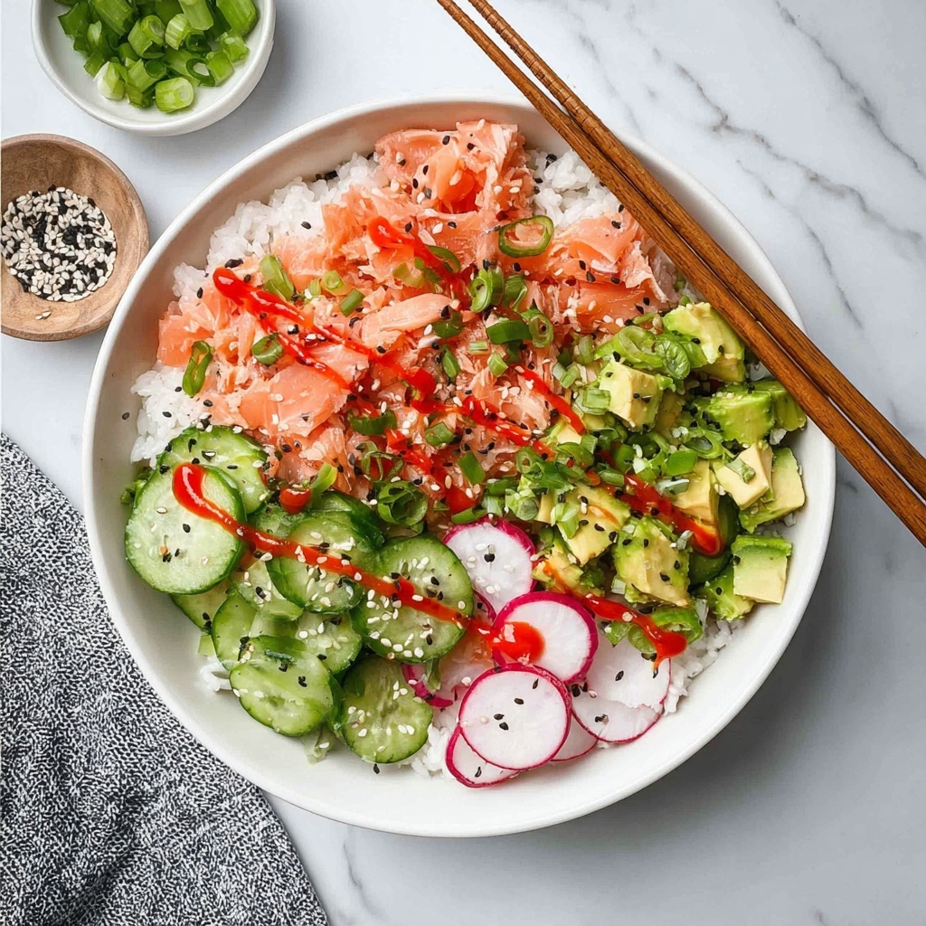 Salmon Rice Bowl with Avocado, Radishes, and Sriracha Recipe - Recipe Image