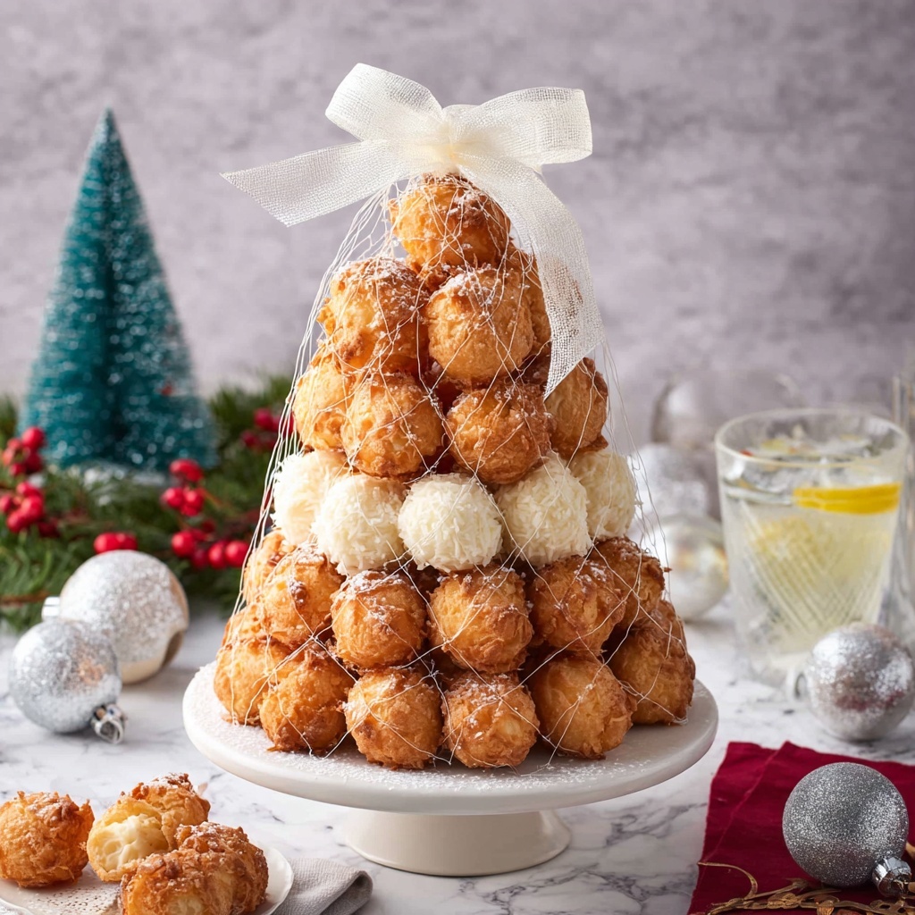 Croquembouche: Elegant Two-Tower Caramel and Coconut Pastry Creation Recipe - Recipe Image