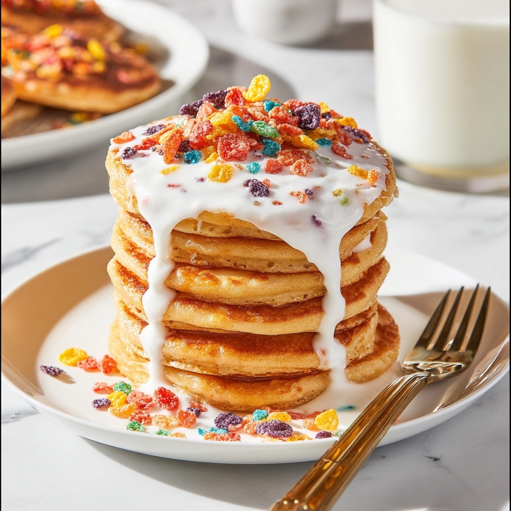Fruity Pebble Pancakes with Marshmallow Fluff Topping Recipe - Recipe Image