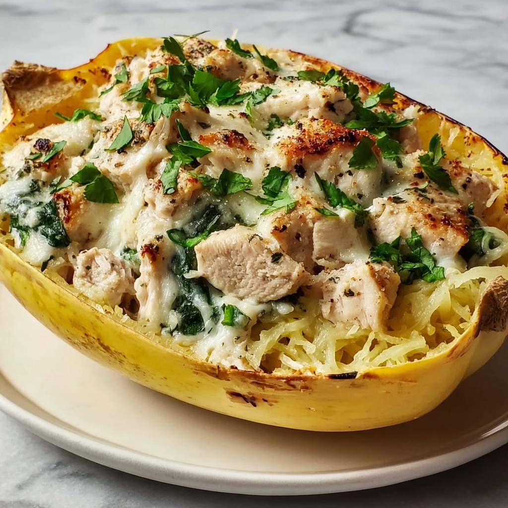 Garlic Parmesan Stuffed Spaghetti Squash with Chicken and Spinach Recipe - Recipe Image