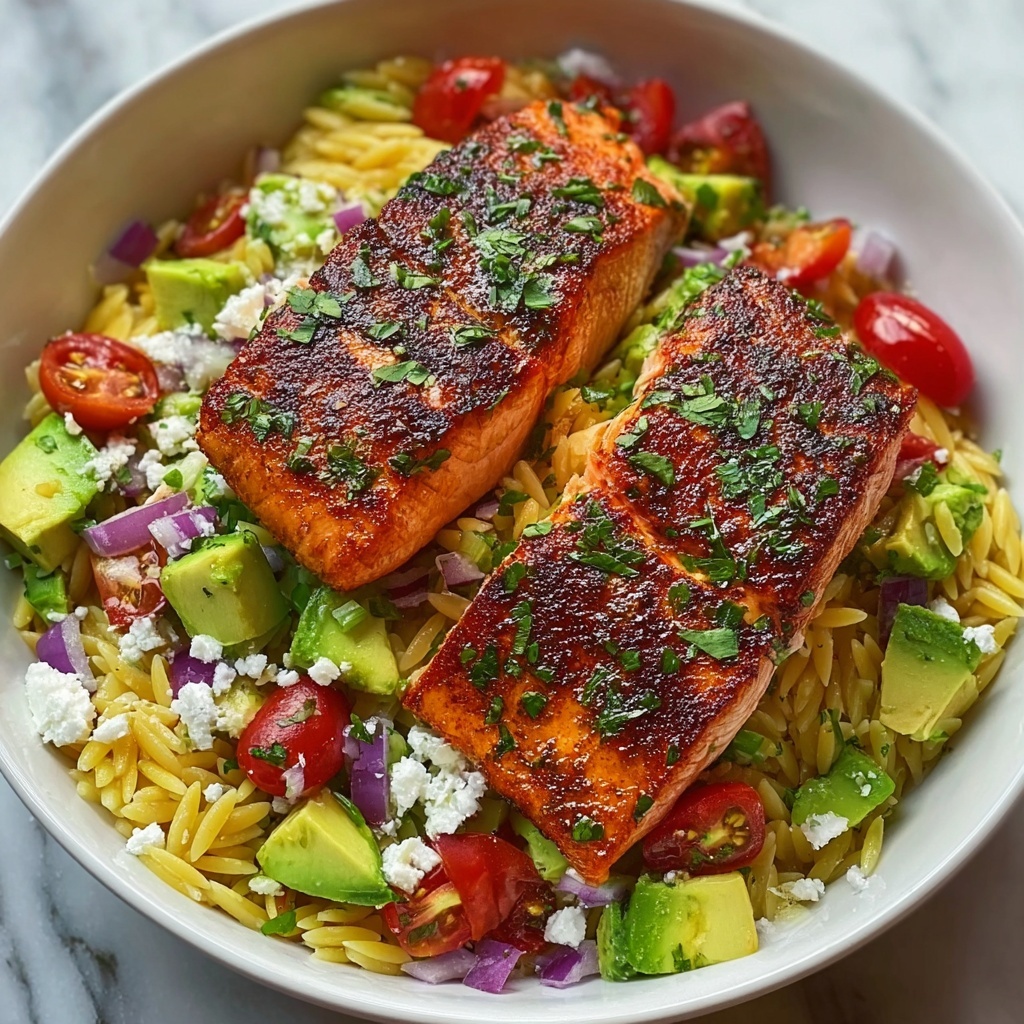 Savory Grilled Salmon with Greek Avocado Salsa and Orzo Delight Recipe - Recipe Image