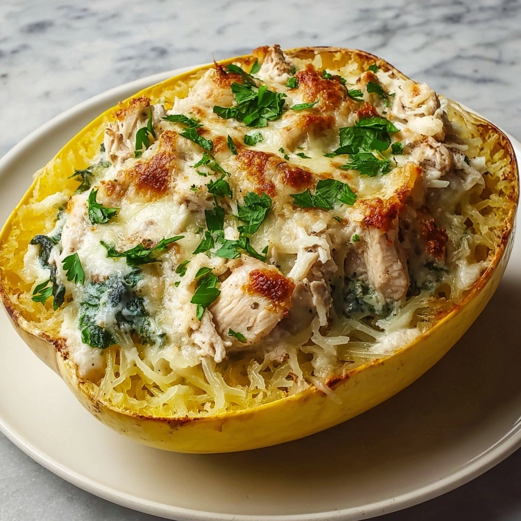 Garlic Parmesan Stuffed Spaghetti Squash with Chicken and Spinach Recipe - Recipe Image