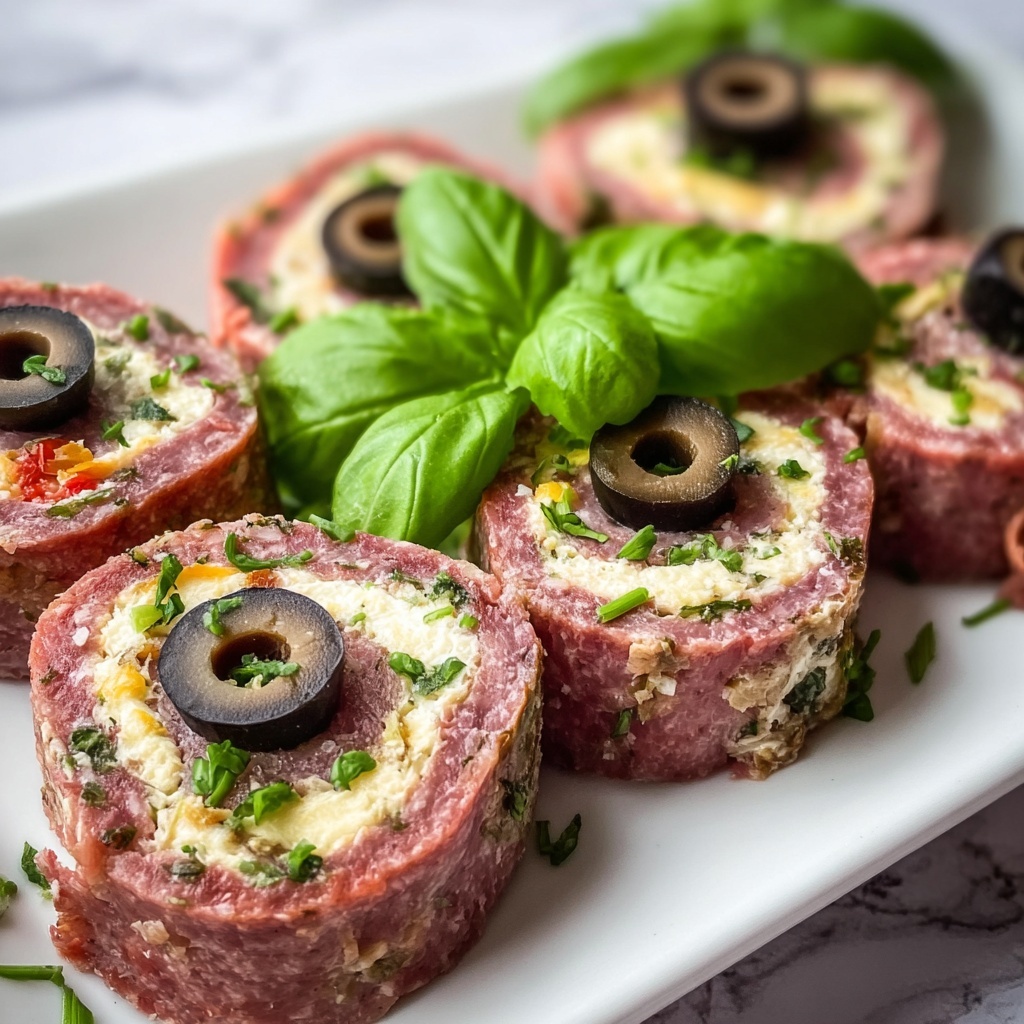 Keto Salami Roll-Ups with Cream Cheese, Olives, and Roasted Red Bell Peppers Recipe - Recipe Image