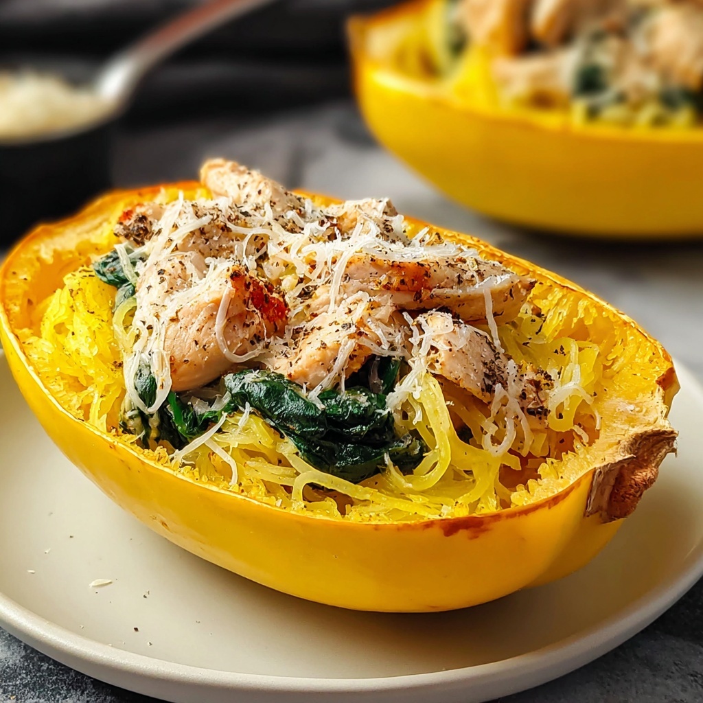 Creamy Garlic Parmesan Stuffed Spaghetti Squash with Chicken and Spinach Recipe - Recipe Image