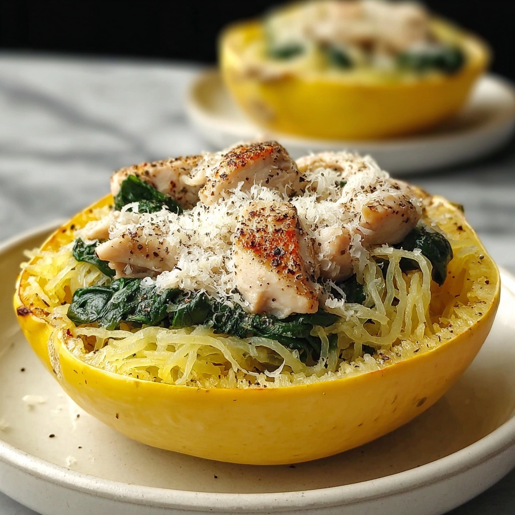 Creamy Garlic Parmesan Stuffed Spaghetti Squash with Chicken and Spinach Recipe - Recipe Image