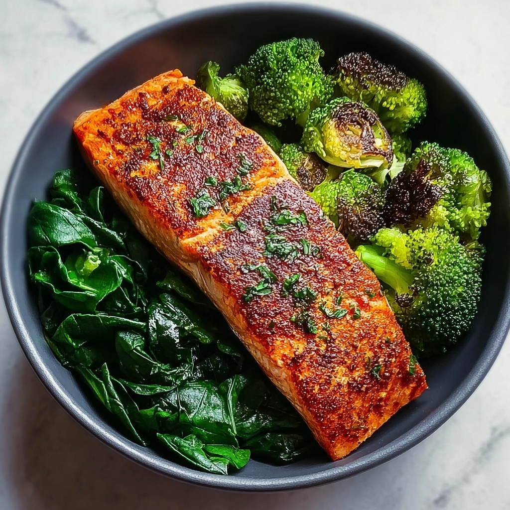 Spiced Salmon Bowl with Roasted Brussels, Sautéed Greens & Steamed Broccoli Recipe - Recipe Image