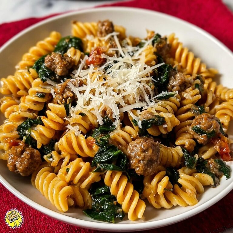 Indulgent Garlic Butter Rotini with Beef, Italian Sausage, and Spinach Recipe