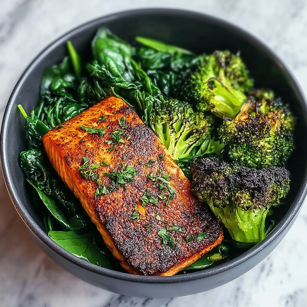 Spiced Salmon Bowl with Roasted Brussels, Sautéed Greens & Steamed Broccoli Recipe - Recipe Image
